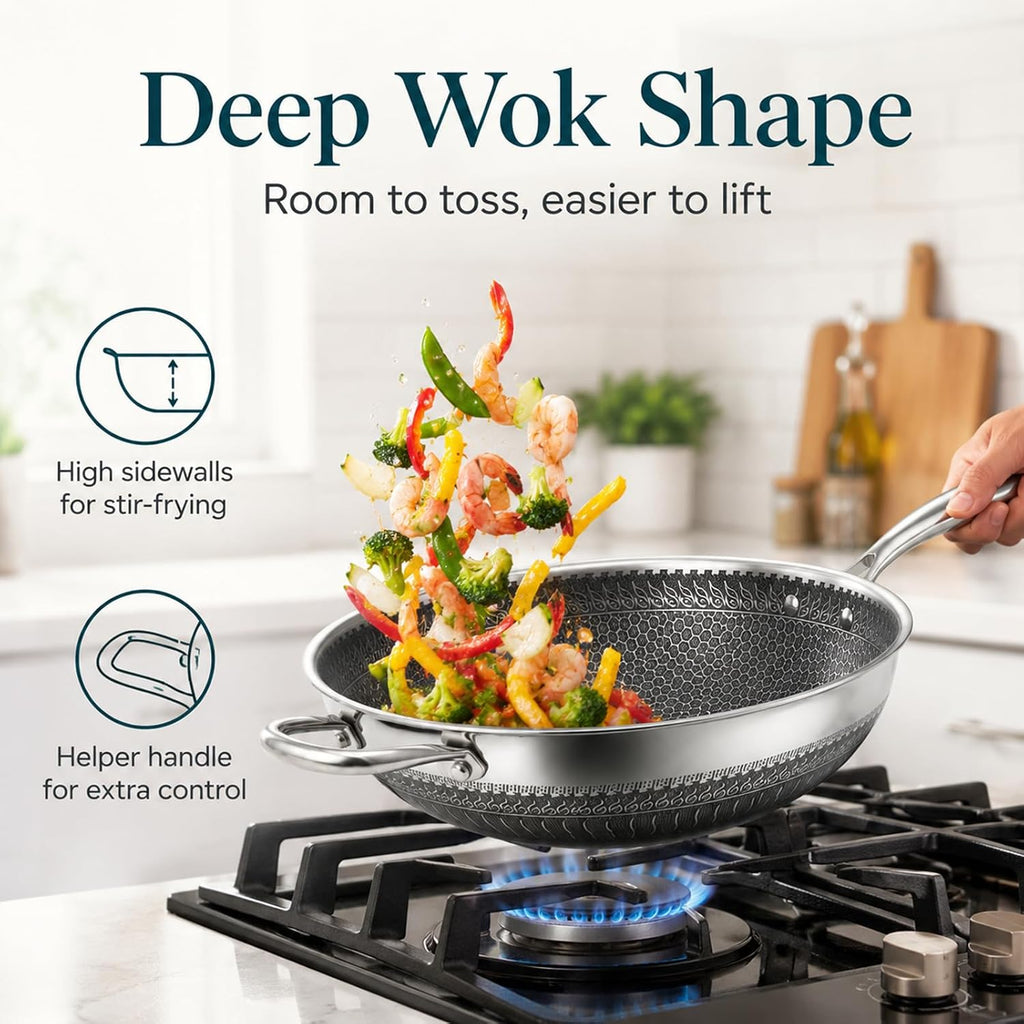 12.6 Inch Stainless Steel Honeycomb Wok Pan with Standing Glass Lid, Flat Bottom Stir Fry Pan for Induction, Gas & Electric Stoves, Physical Stick-Resistant Surface, Dishwasher Safe