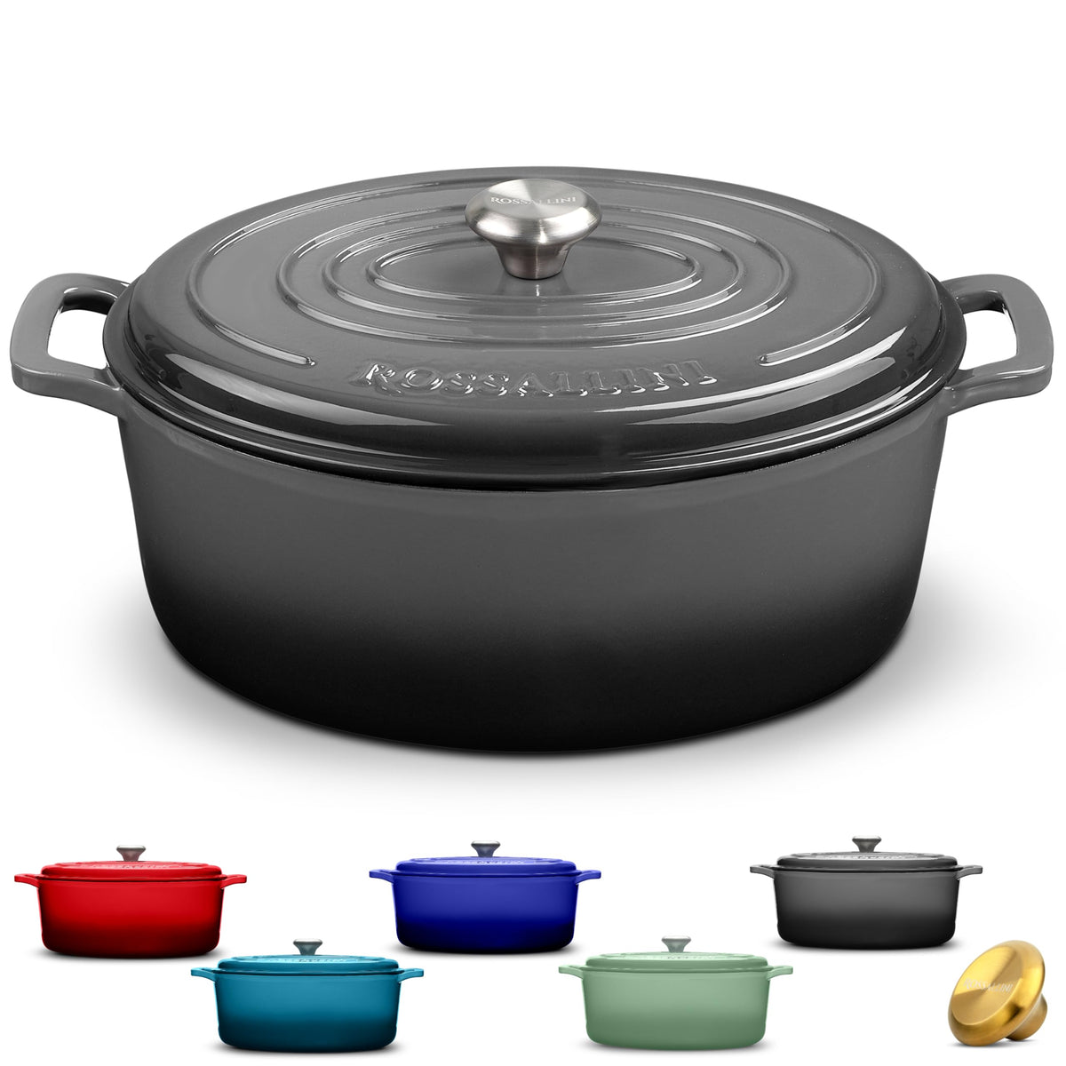 Rossallini Enameled Cast Iron Oval Dutch Oven Pot with Lid, 5 Quart, Sage