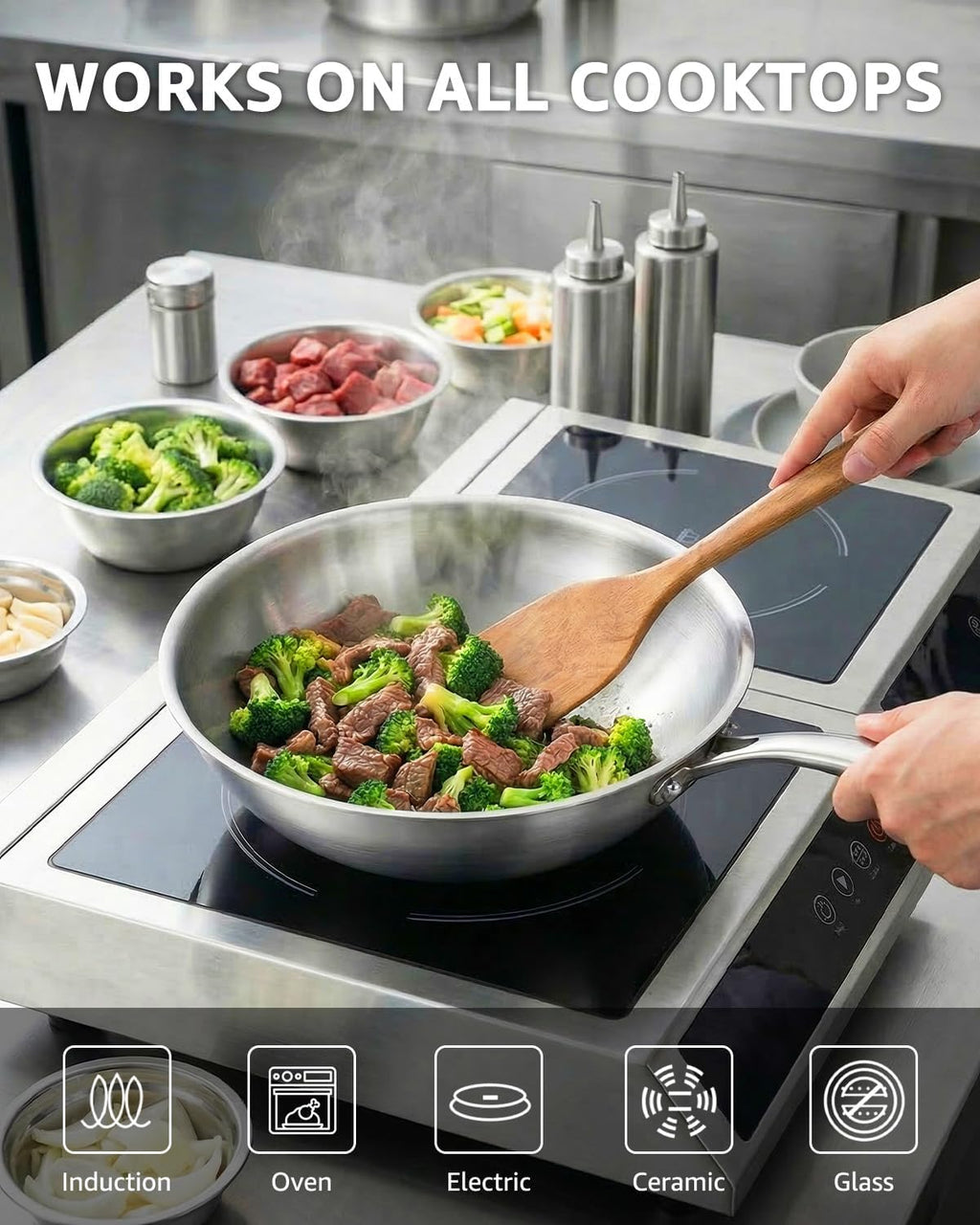 12 Inch Tri-Ply Stainless Steel Wok Pan, Uncoated Wok for Stir Fry