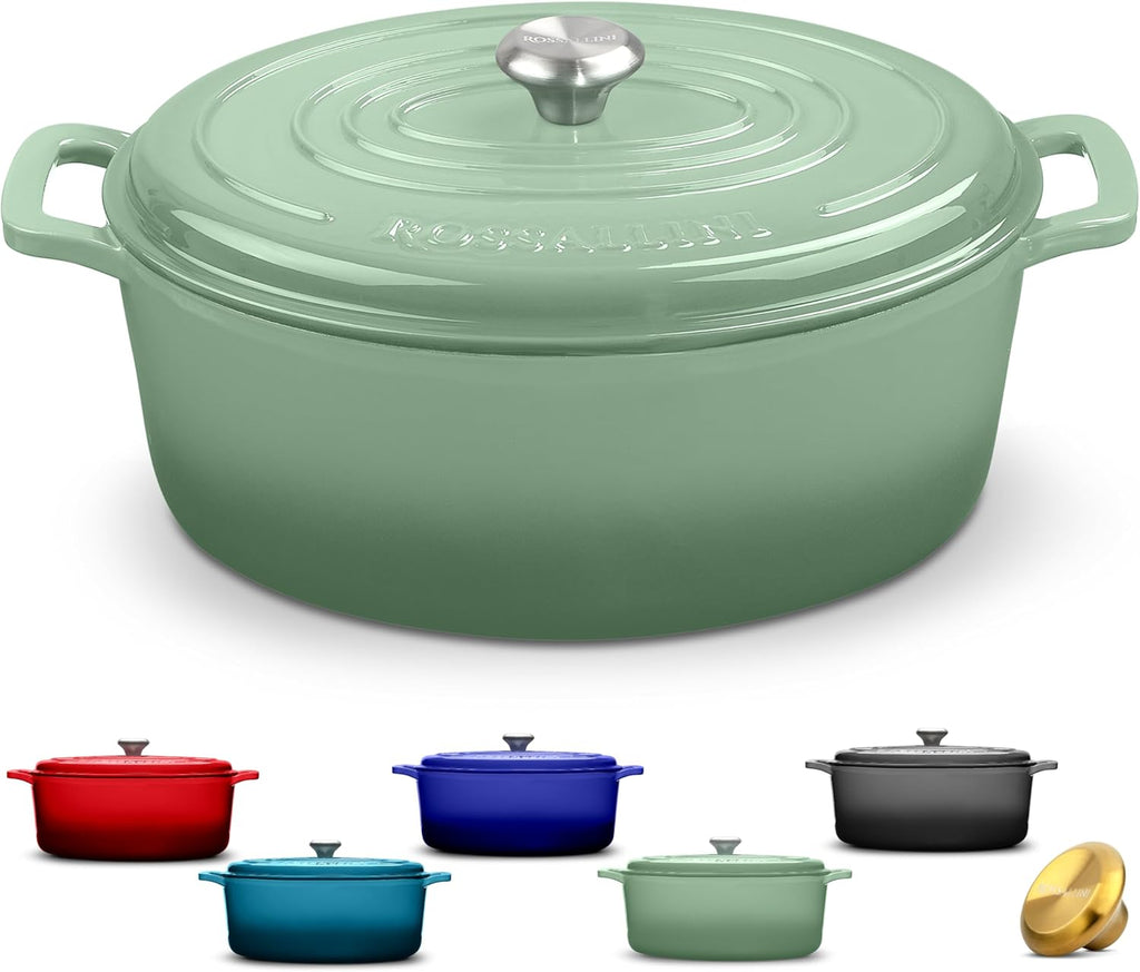Rossallini Enameled Cast Iron Oval Dutch Oven Pot with Lid, 5 Quart, Sage