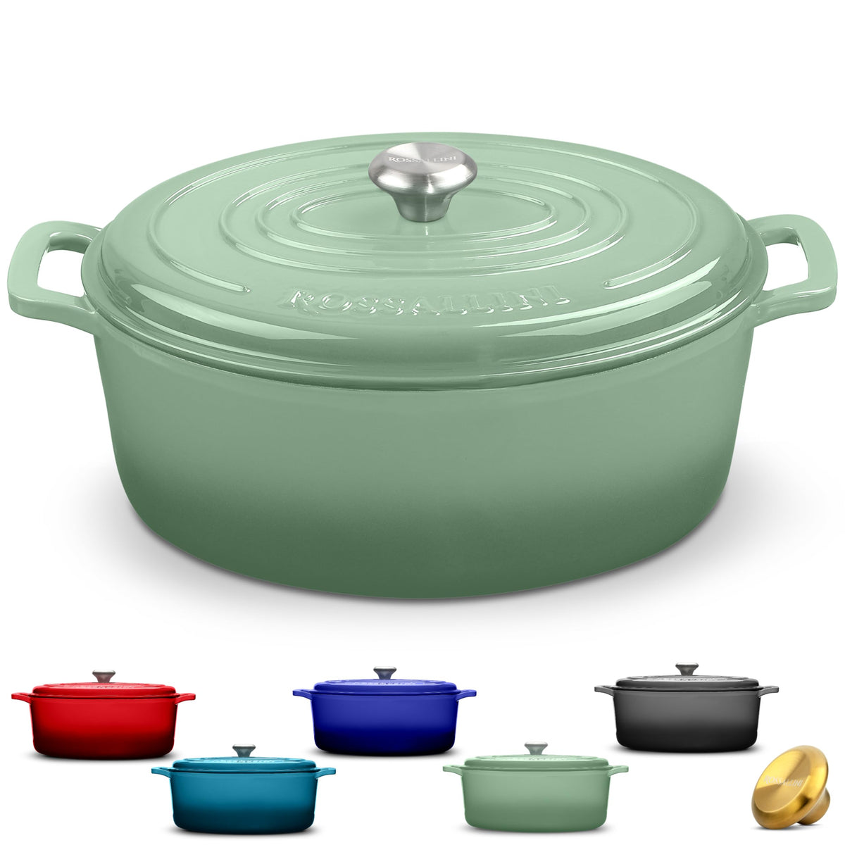 Rossallini Enameled Cast Iron Oval Dutch Oven Pot with Lid, 5 Quart, Sage