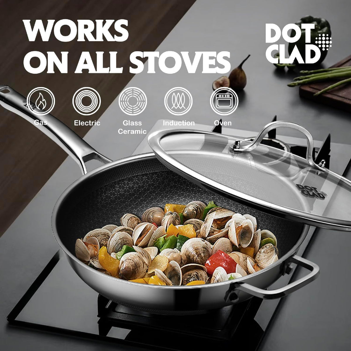 Wok Pan with Lid, 13 Inch Stainless Steel Nonstick Wok, Stir-Fry Pan