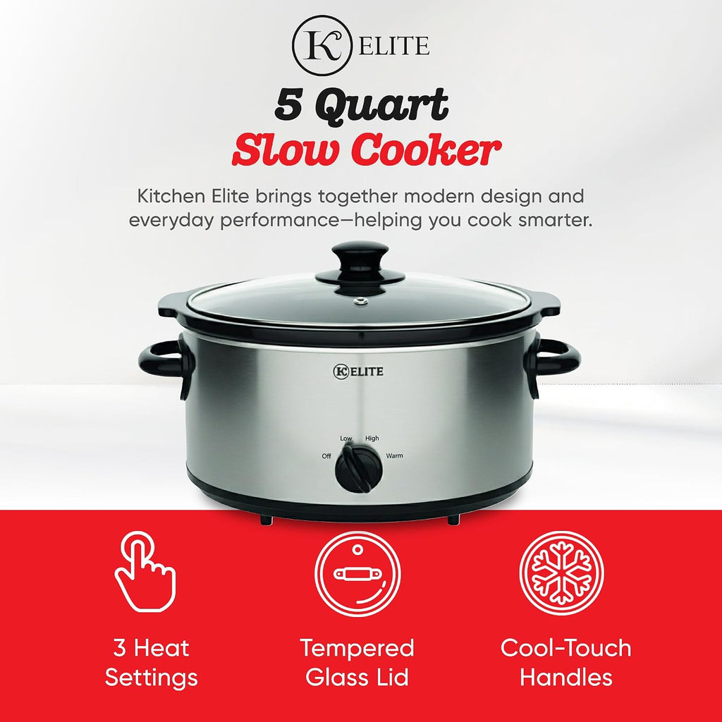 Kitchen Elite Slow Cooker, Stainless Steel with 3 Heat Settings, 5 Quart