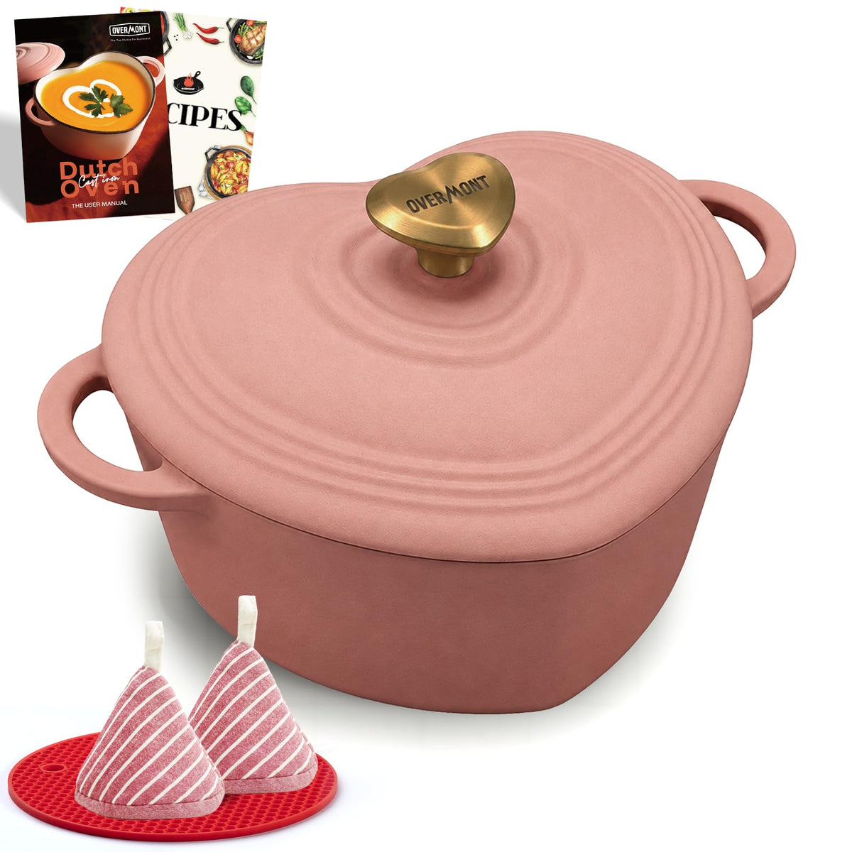 Overmont Enameled Cast Iron Dutch Oven - 2QT Heart-Shaped Mini Pot with Lid