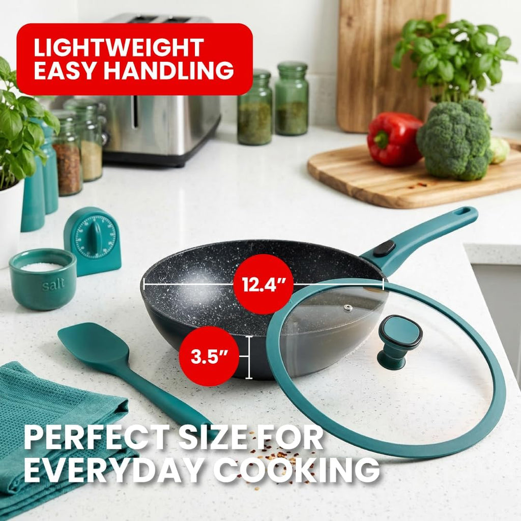 Ravon Nonstick Wok Pan with Glass Lid and Detachable Handle, 12.4in