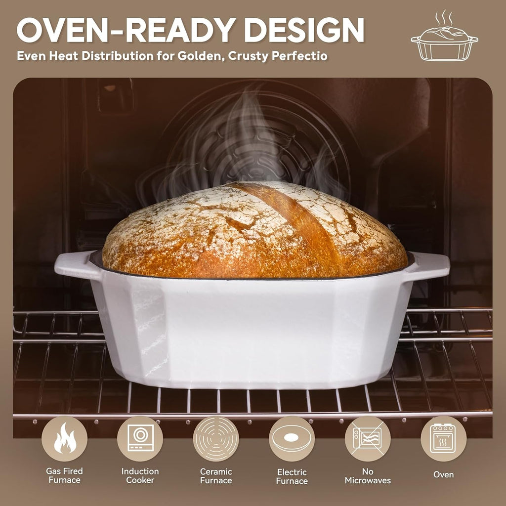 Enameled Cast Iron Dutch Oven for Bread Baking – 3QT Oval Round Heavy Duty Bread Pan with Lid, Non-Stick Ceramic Coating,Loaf Cast Iron Bread Oven for Sourdough, Baking, Roasting, Braising, Stovetop & Oven Safe