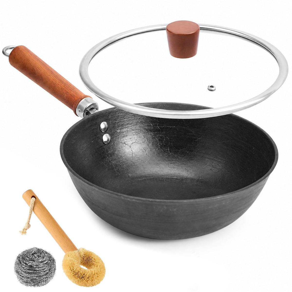 12.6 Inch Carbon Steel Wok with Lid, Flat Bottom Induction Wok Pan, Non-Coated Stir Fry Wok Skillet with Helper Handle, Gas Electric Ceramic Halogen Compatible, Includes Iron Wok Spatula