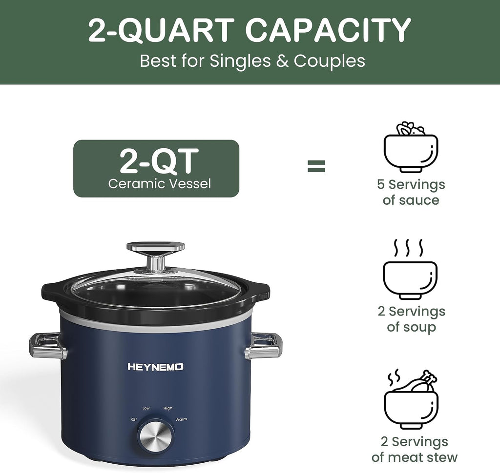 2 QT Small Slow Cooker, 3 Adjustable Temp, Upgraded Ceramic Pot, Easy Clean-up, Nutrient Loss Reduction, Sauces, Stews & Dips, Stainless Steel, Blue