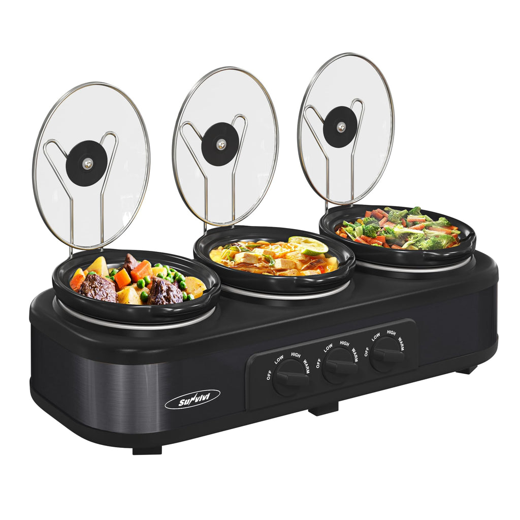 Sunvivi Slow Cooker, Triple Slow Cooker Buffet Server and Food Warmer, 3-Section 1.5-Quart Upgraded Oval Ceramic Pot with Stainless Steel Lid Rests, 3 Spoons, Total 4.5 QT