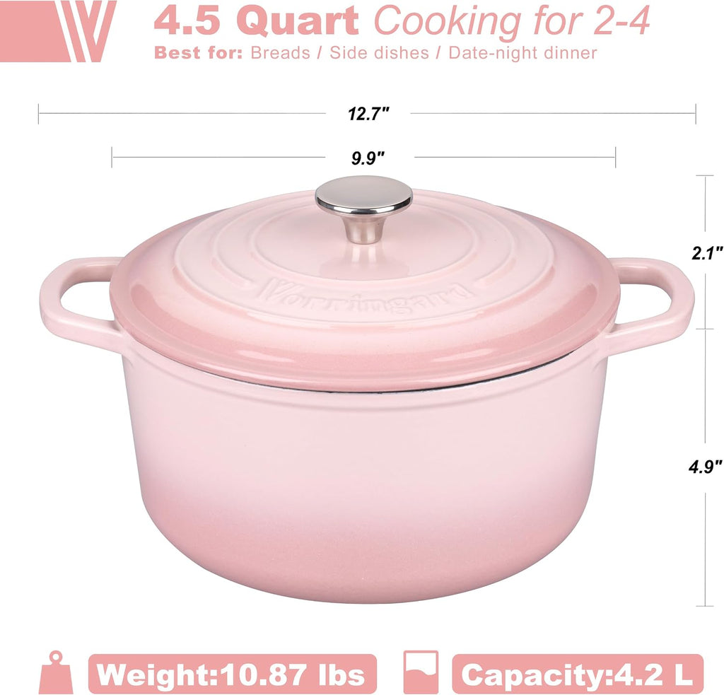 VORRINGARD Enameled Cast Iron Dutch Oven Pot with Lid, for Sourdough Bread Baking, Round Dutch Ovens, 4.5 Quart, Pink