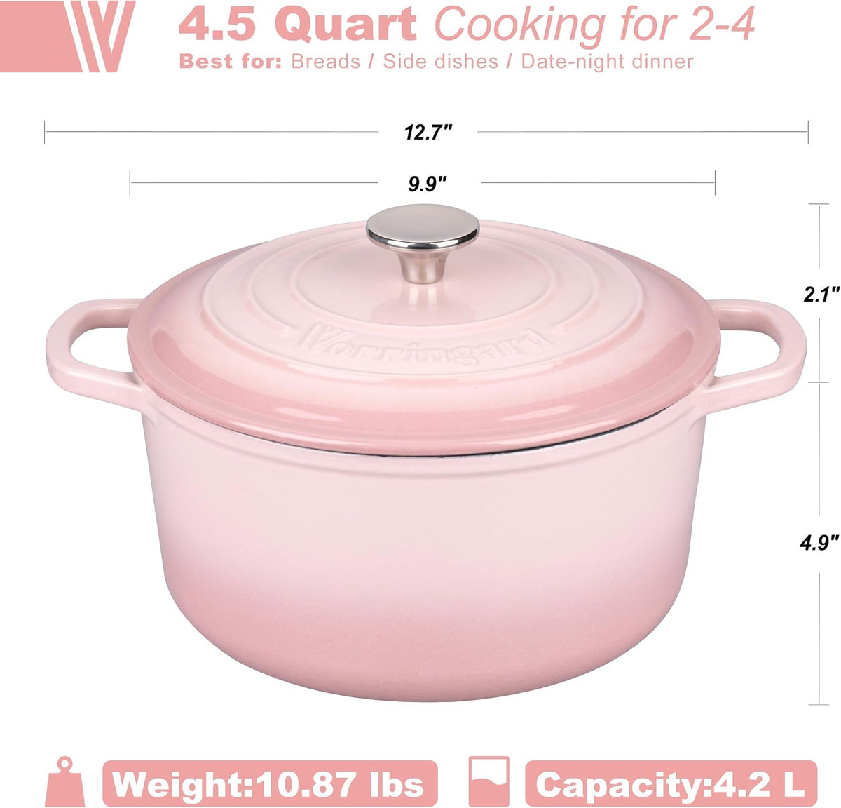 VORRINGARD Enameled Cast Iron Dutch Oven Pot with Lid, for Sourdough Bread Baking, Round Dutch Ovens, 4.5 Quart, Pink