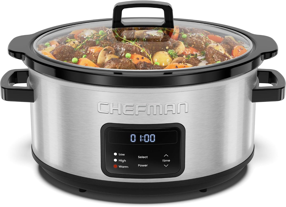 Chefman Slow Cooker 7 Quart, Large Family Size Programmable Digital Slow Cooker with 24-Hour Timer, Low, High & Warm Settings, Ceramic Crock, Tempered Glass Lid, Dishwasher-Safe, Stainless Steel