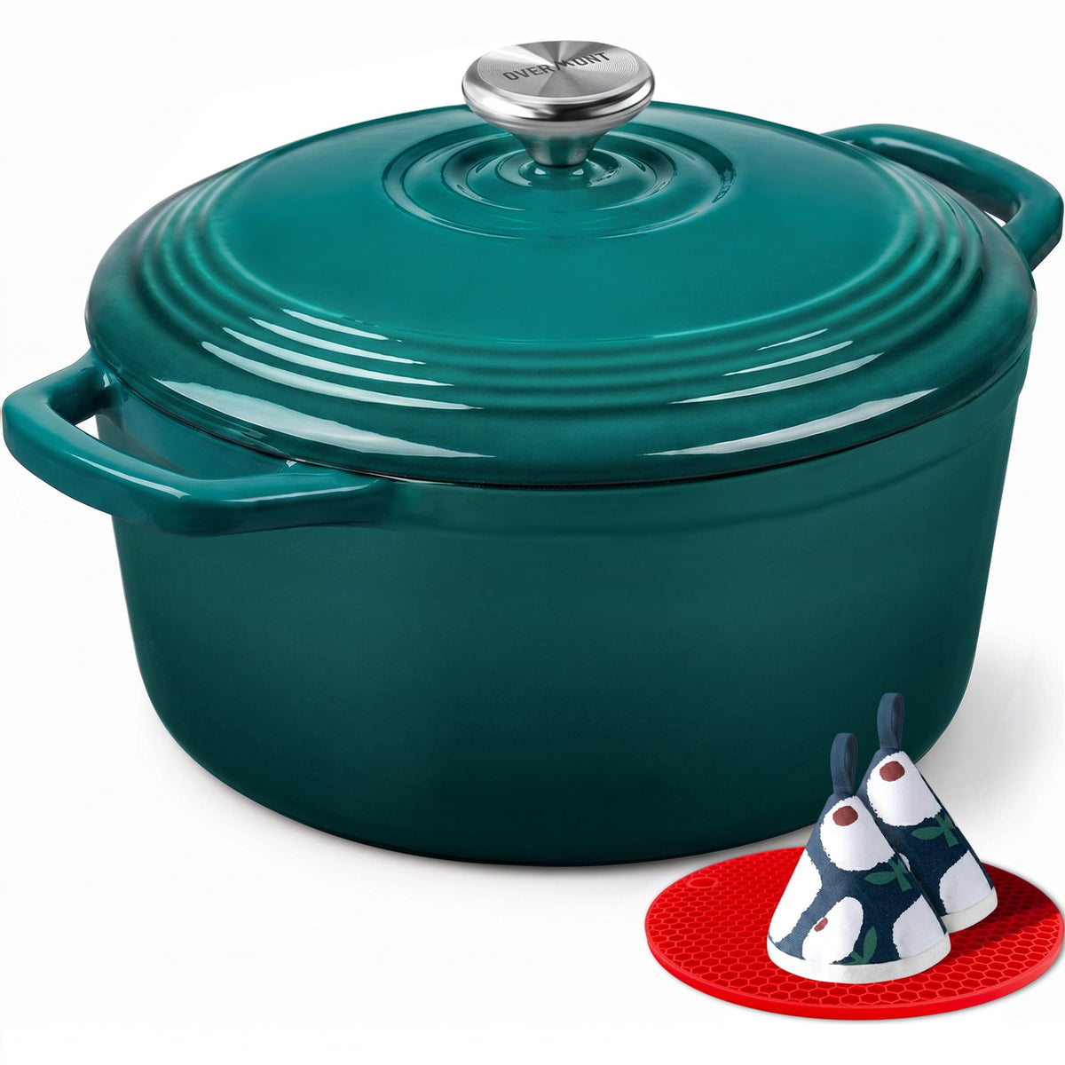 Overmont Enameled Cast Iron Dutch Oven - 5.5QT Pot with Lid Cookbook & Cotton Potholders - Heavy-Duty Cookware for Braising, Stews, Roasting, Sourdough Baking White