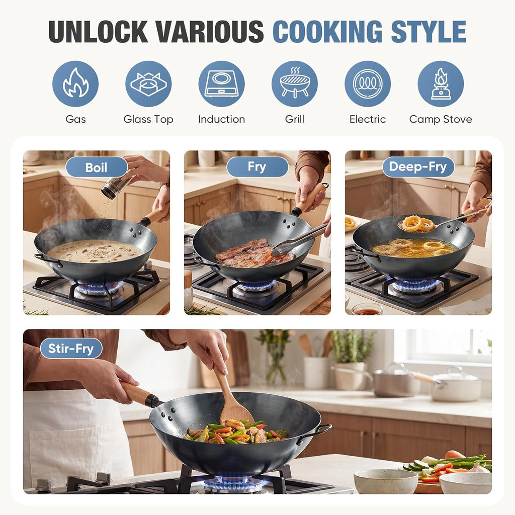 DUMOS 13.5" Pre-Seasoned Carbon Steel Wok Pan for Stir Fry, Black
