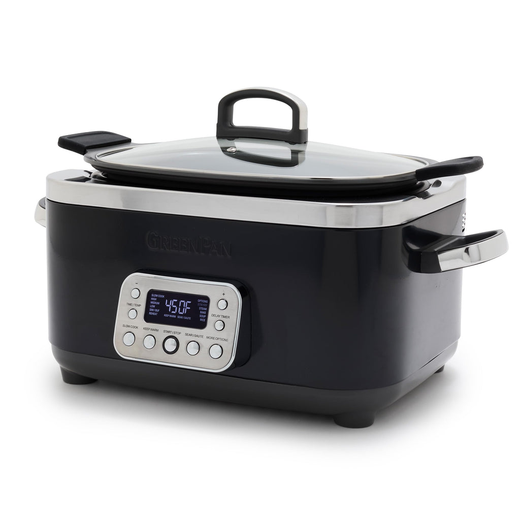 GreenPan Elite 14-in-1 Nonstick 6QT Electric Slow Cooker, PFAS-Free Ceramic Multi-Cooker, In-Pot Browning, Dishwasher Safe Lid & Removable Crock, Stainless Steel Steamer, Silicone Handles, Sage Green