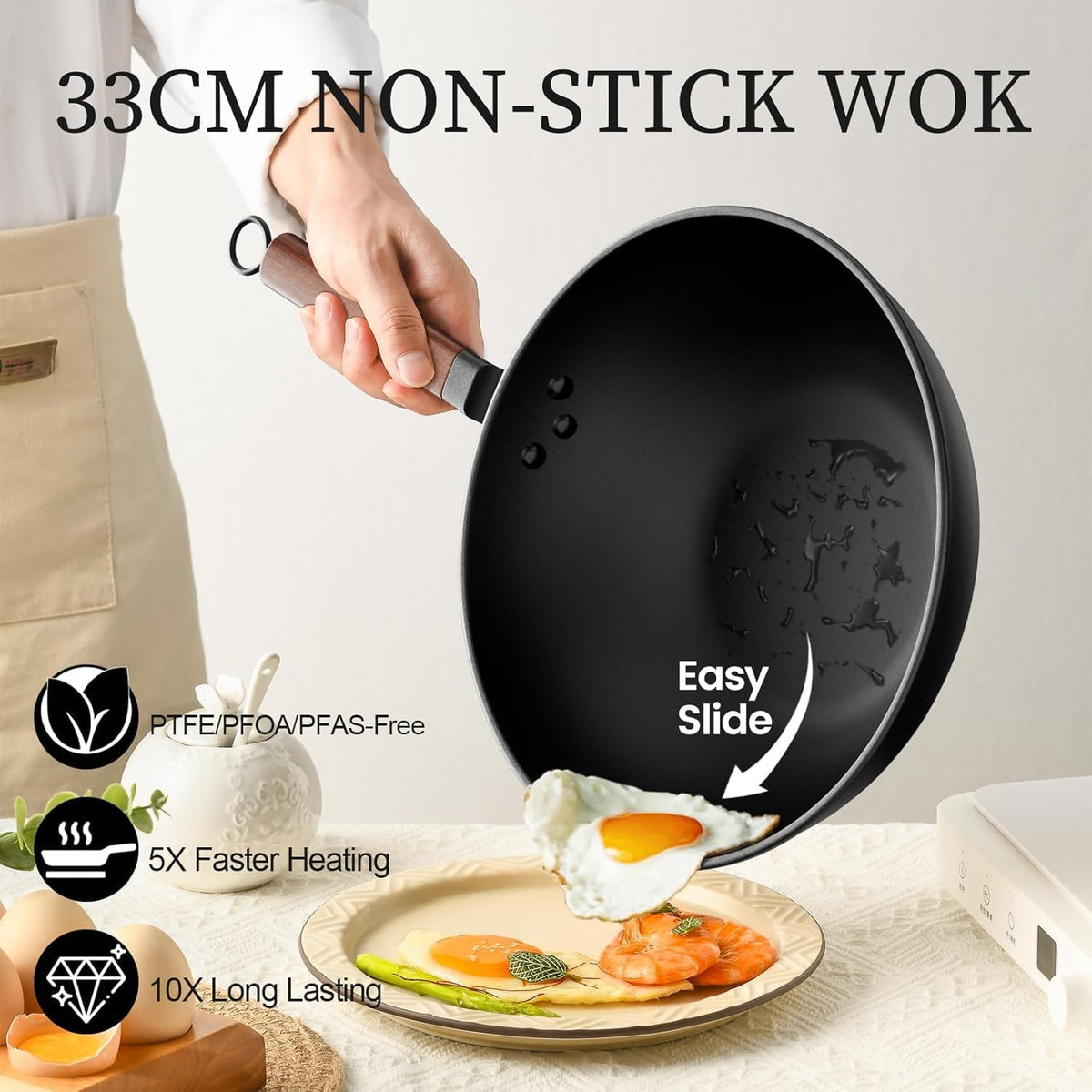 Todlabe Carbon Steel Wok, 13-Inch, Pre-Seasoned, Non-Stick, with Lid and Spatula, Flat Bottom, Ideal for Stovetop Cooking