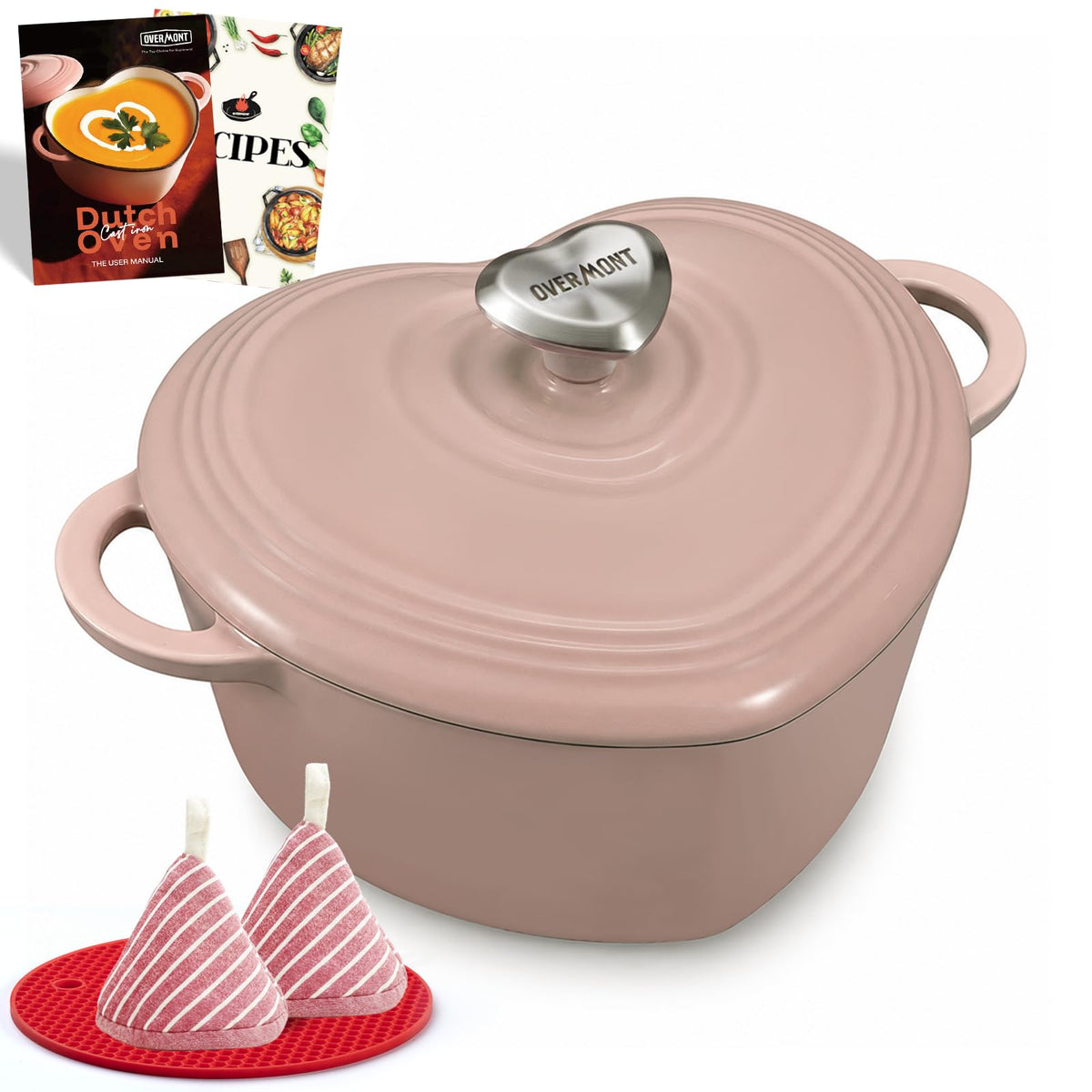 Overmont Enameled Cast Iron Dutch Oven - 2QT Heart-Shaped Mini Pot with Lid