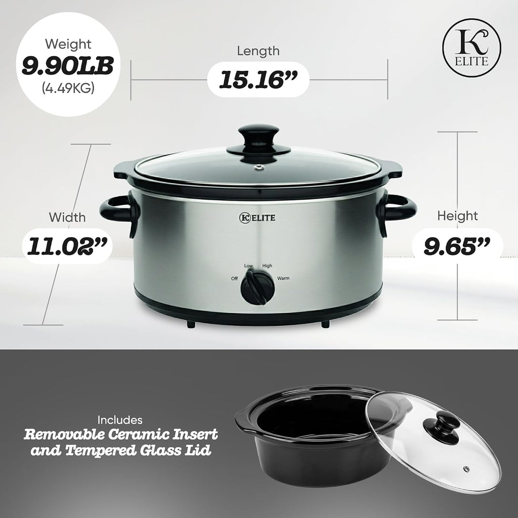 Kitchen Elite Slow Cooker, Stainless Steel with 3 Heat Settings, 5 Quart