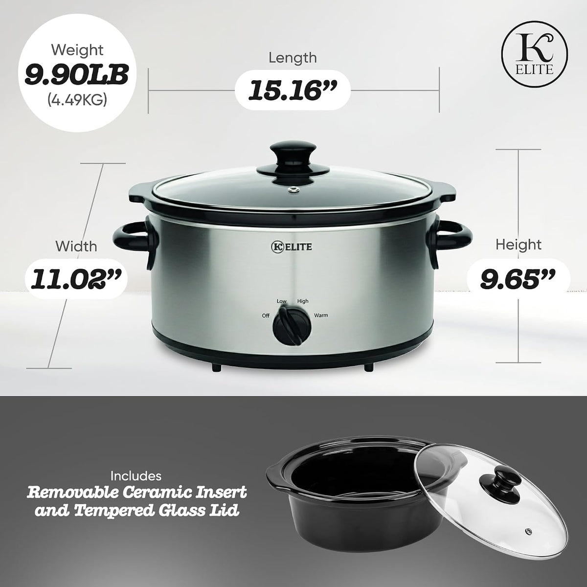 Kitchen Elite Slow Cooker, Stainless Steel with 3 Heat Settings, 5 Quart