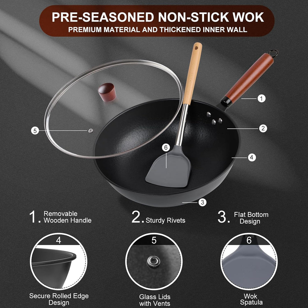 Wok, 13" Carbon Steel Woks & Stir-Fry Pans Nonstick with Glass Lid