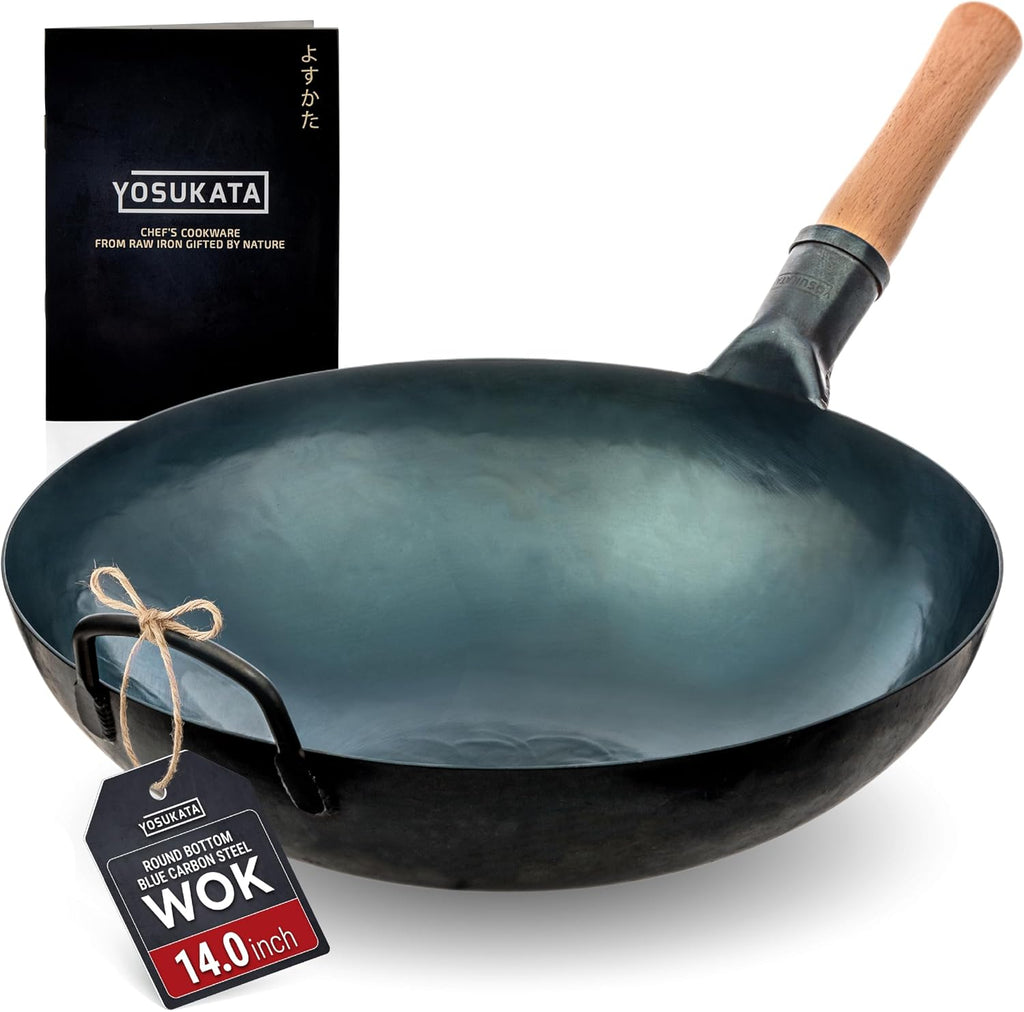 YOSUKATA 14” Blue Carbon Steel Wok with Round Bottom