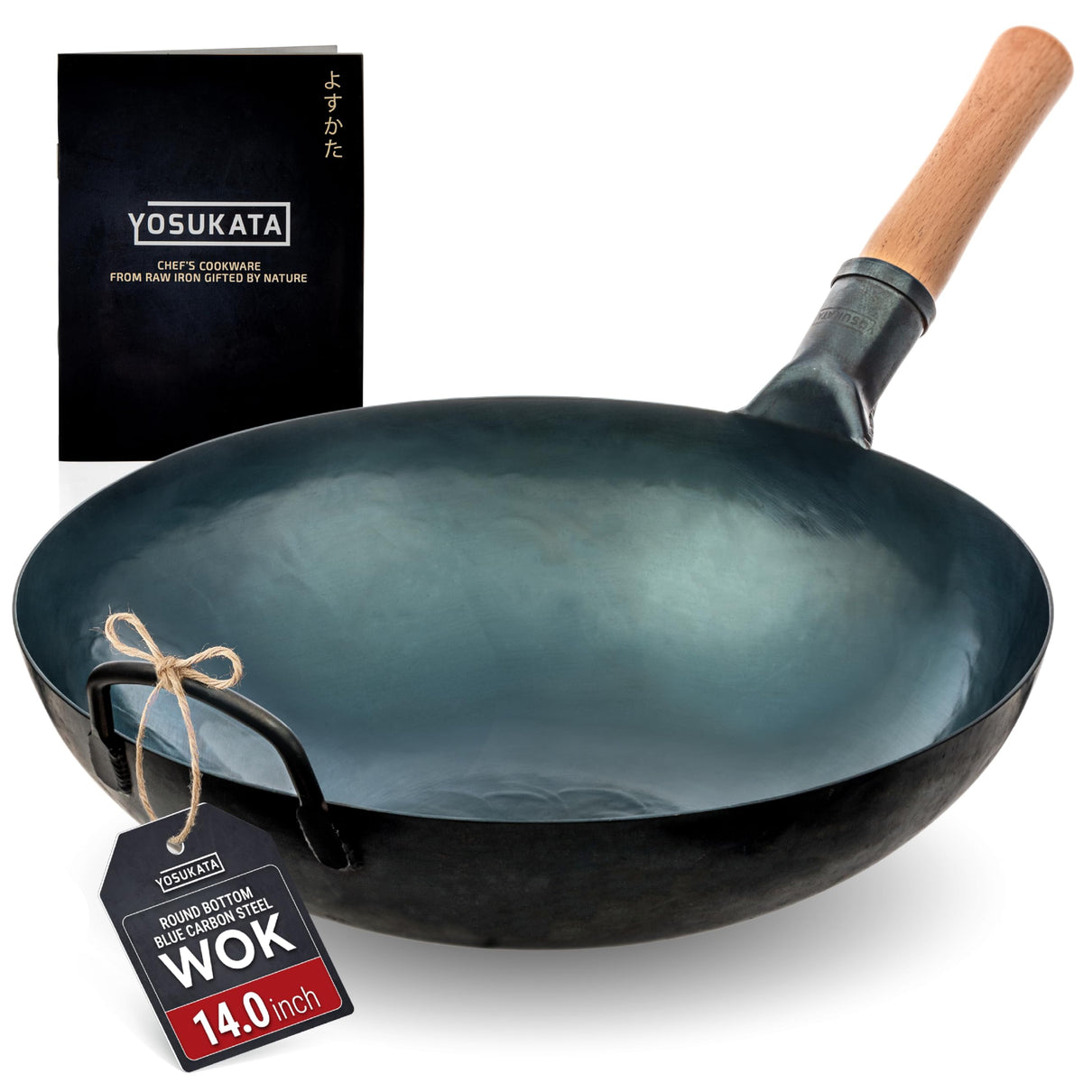 YOSUKATA 14” Blue Carbon Steel Wok with Round Bottom