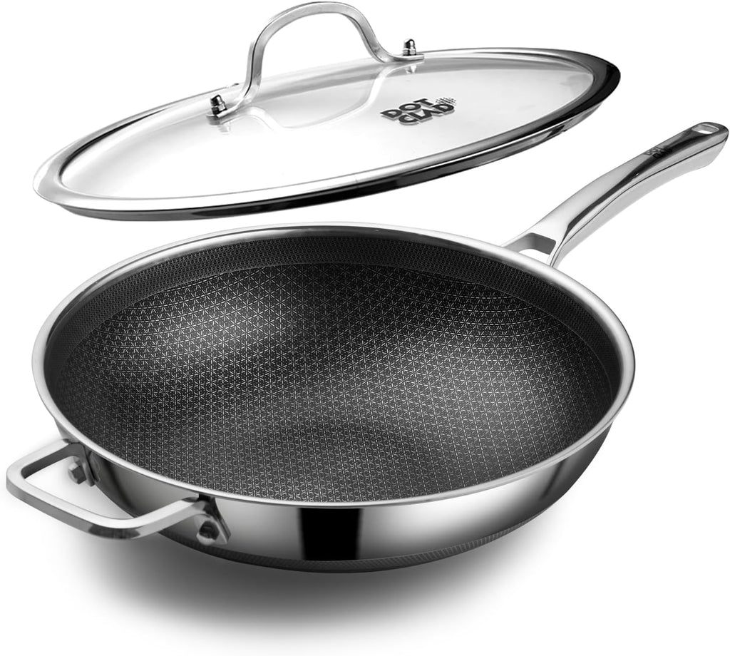 Wok Pan with Lid & Steamer, 13" Hybrid Stainless Steel Wok, Stir Fry Pan