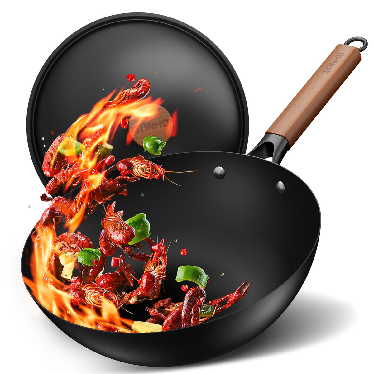 Sanho 12 Inch Carbon Steel Wok Pan, 4QT Woks & Stir-Fry Pans Nonstick with Lid, No Seasoning Required & 0 Coating, Compatible with All Cooktops & Utensils for Stir Fry, Pan-Fry, Steam, Camping