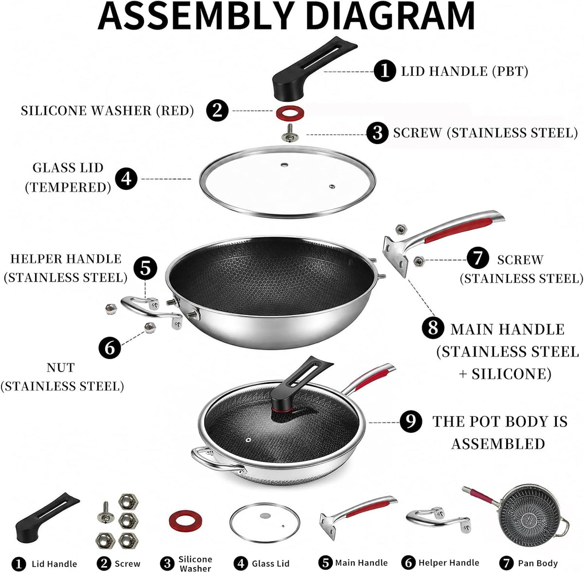 14-Inch Stainless Steel Wok Pan with Glass Lid, Tri-Ply Nonstick Wok