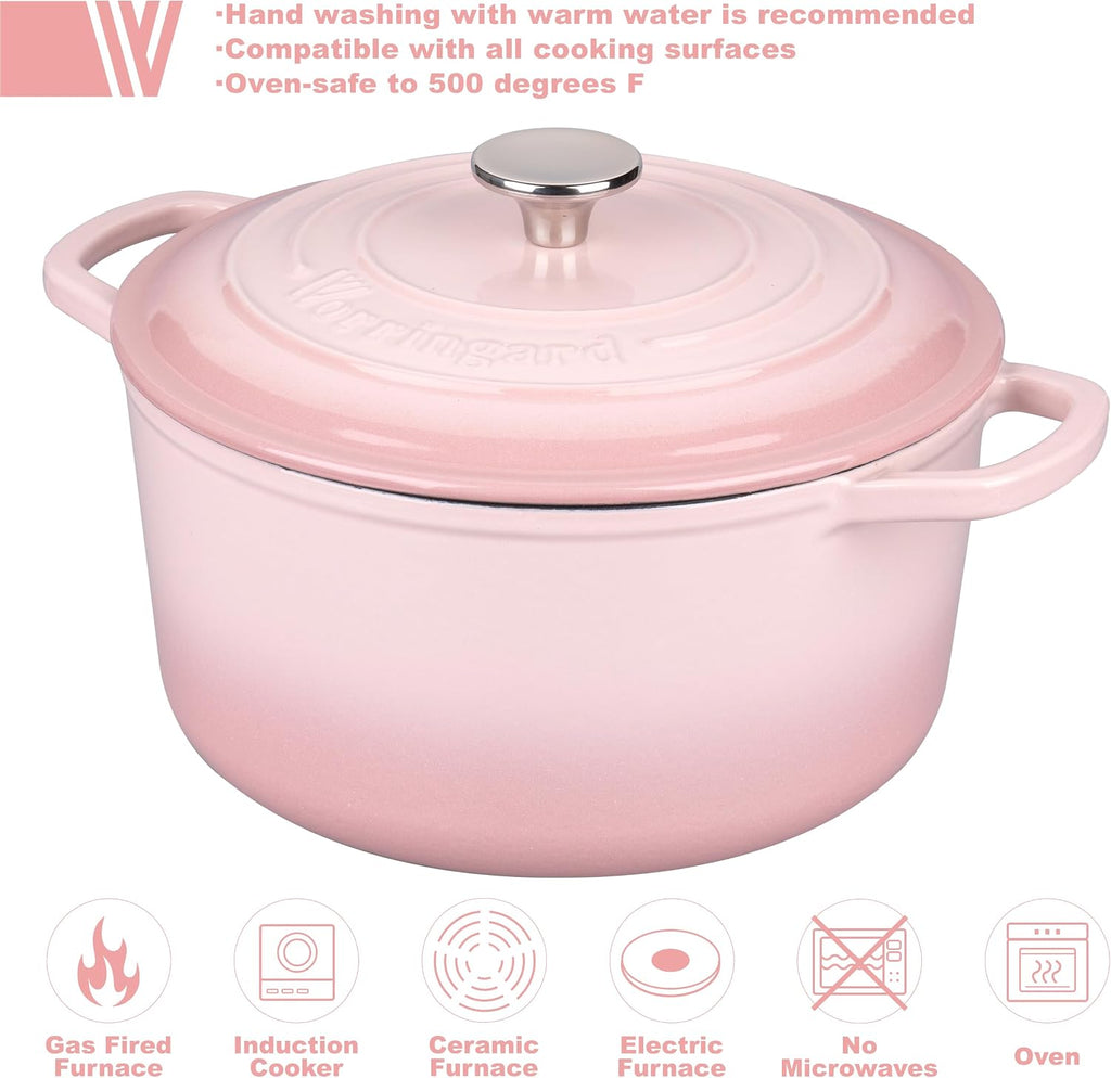VORRINGARD Enameled Cast Iron Dutch Oven Pot with Lid, for Sourdough Bread Baking, Round Dutch Ovens, 4.5 Quart, Pink