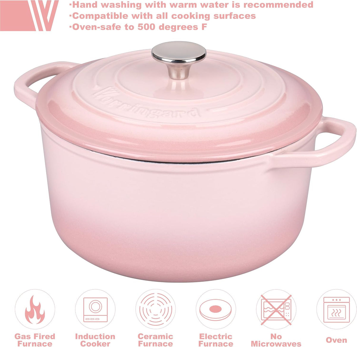 VORRINGARD Enameled Cast Iron Dutch Oven Pot with Lid, for Sourdough Bread Baking, Round Dutch Ovens, 4.5 Quart, Pink