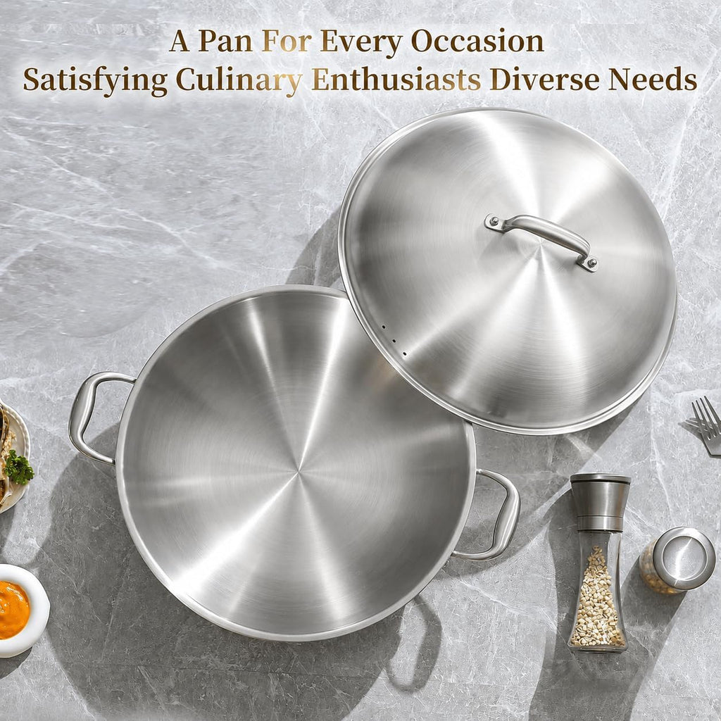 DELARLO Tri-Ply Stainless Steel Wok Pan with Steel Lid 16inch, Healthy Non-Toxic Flat Bottom Induction Wok, Stir Fry Pan for Glass Top Stove Up to 600℉