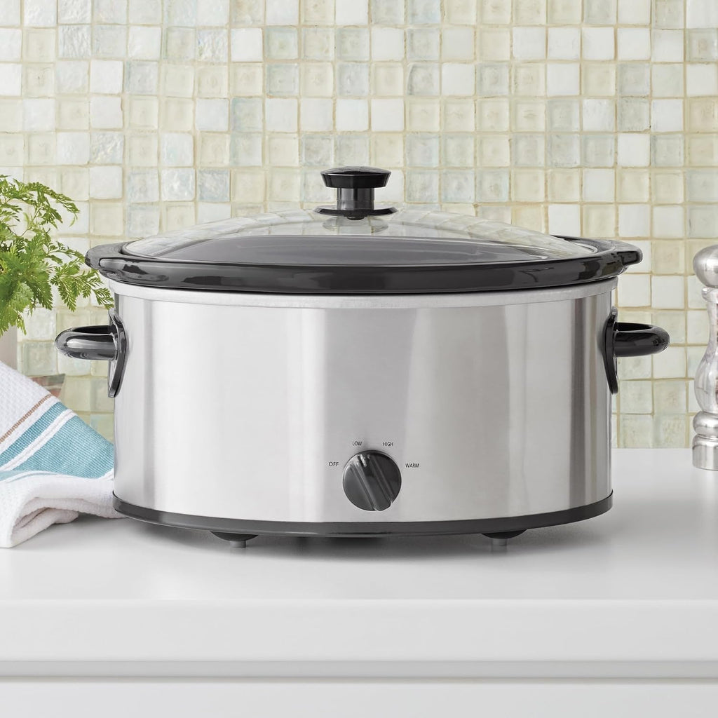 Slow Cooker, 6 Quart, Stainless Steel, Removable Stoneware Crock, 3 Temperature Settings, for Family Meals