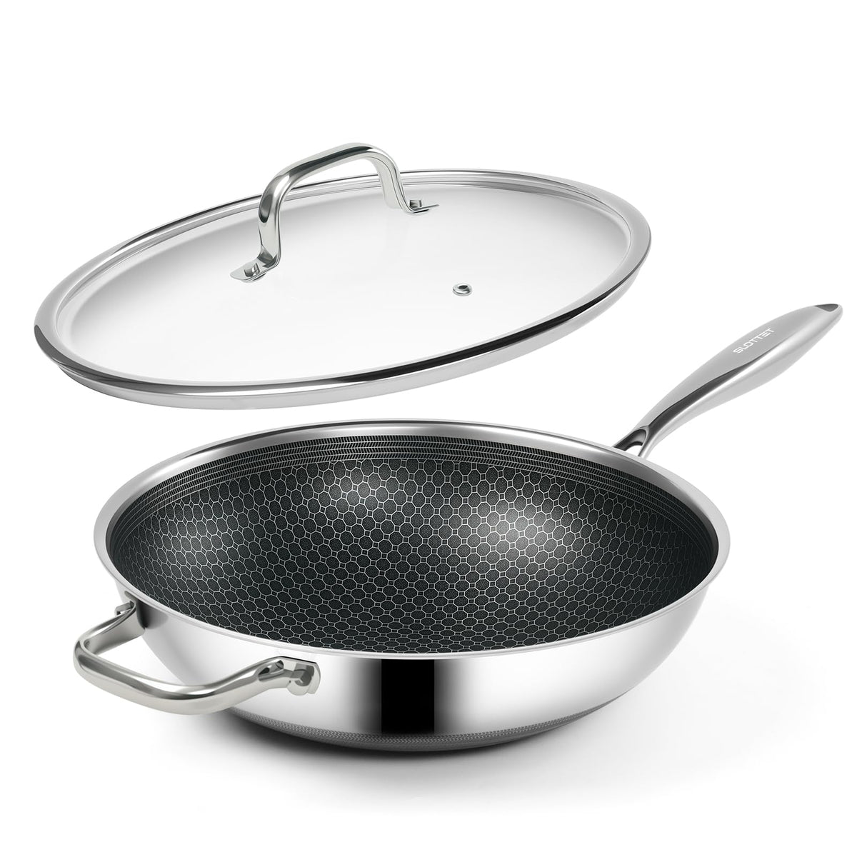 SLOTTET Hybrid 12-Inch Wok with Steamer,Nonstick Stainless Steel Woks & Stir-fry pans with Lid,Stay-Cool Handle,PFOA Free Cookware,Dishwasher and Oven Safe, Works on Induction