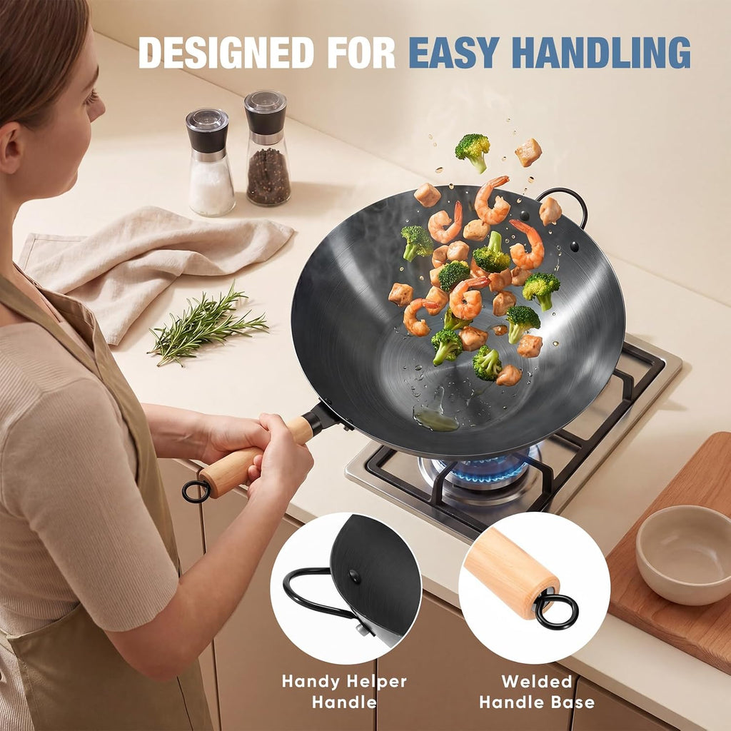 DUMOS 13.5" Pre-Seasoned Carbon Steel Wok Pan for Stir Fry, Black