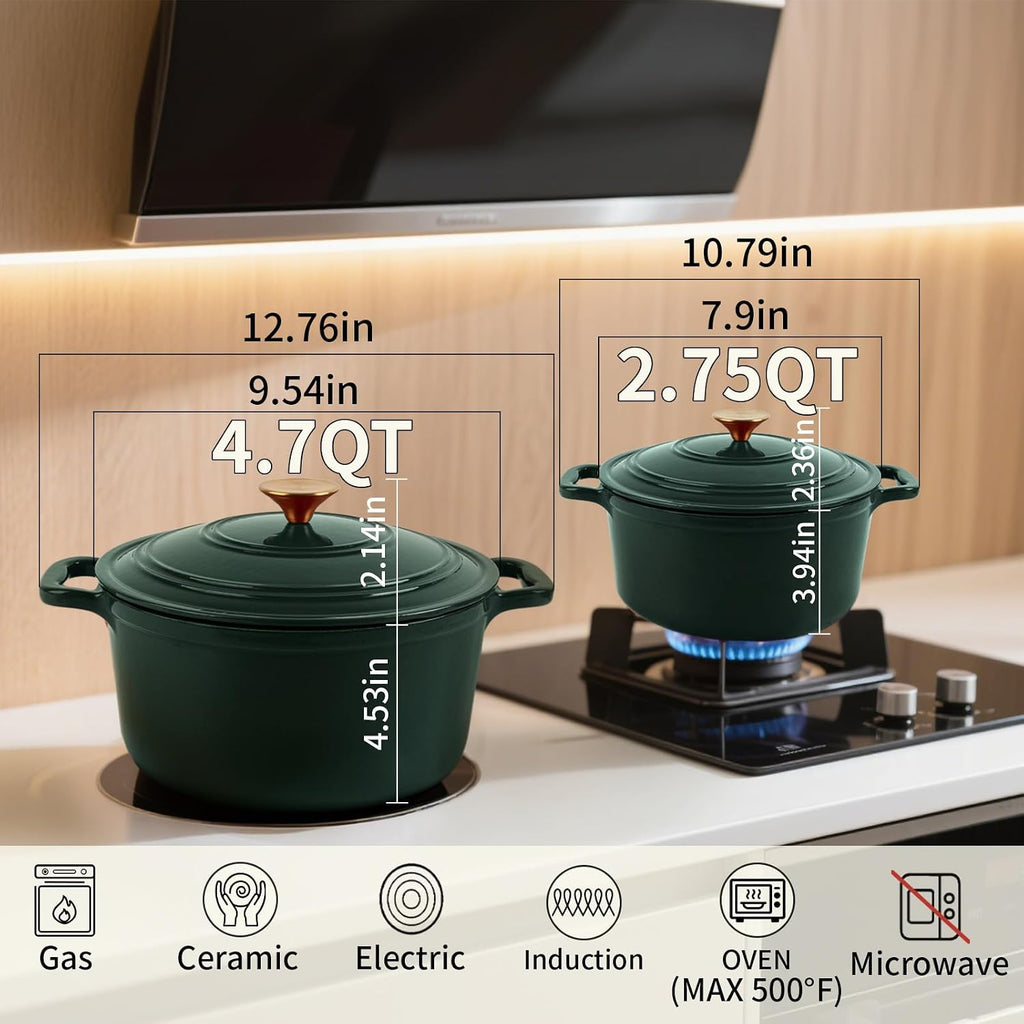 Enamel Cast Iron Dutch Oven with Lid, Round Casserole Pot for Bread Baking, Braising, Roasting, and Stews, Heavy-Duty, Oven Safe, Induction Compatible (4.7QT,Green)