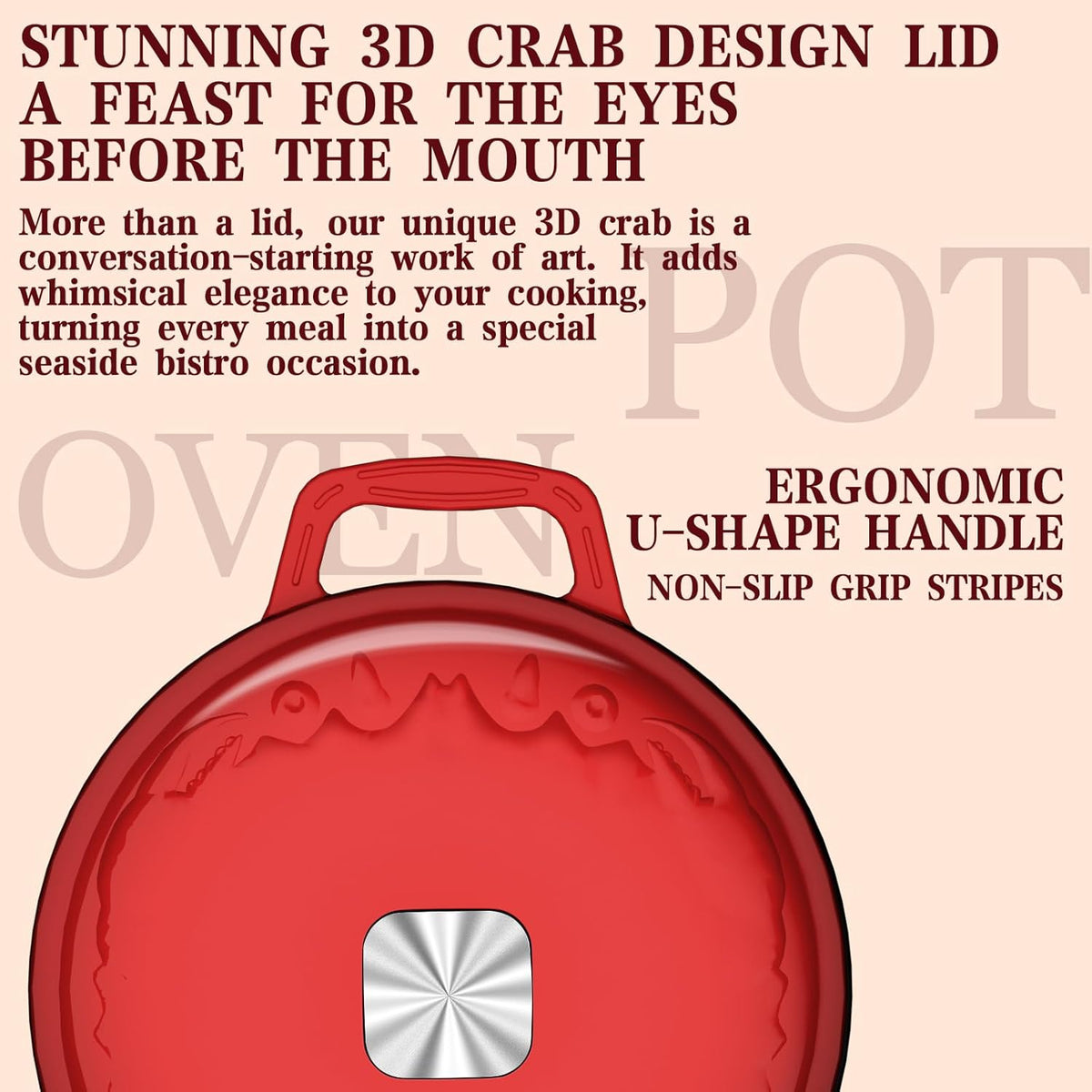 DUTZUN Enameled Cast Iron Dutch Oven - 5 Quart, Crab Lid (Patented), Oversized Knob, for Bread Baking Braiser, Cooking Stock Pot - Red