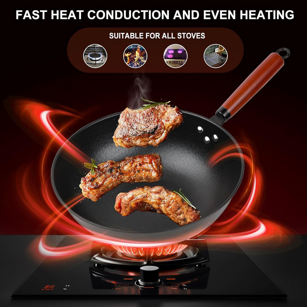 Wok, 13" Carbon Steel Woks & Stir-Fry Pans Nonstick with Glass Lid