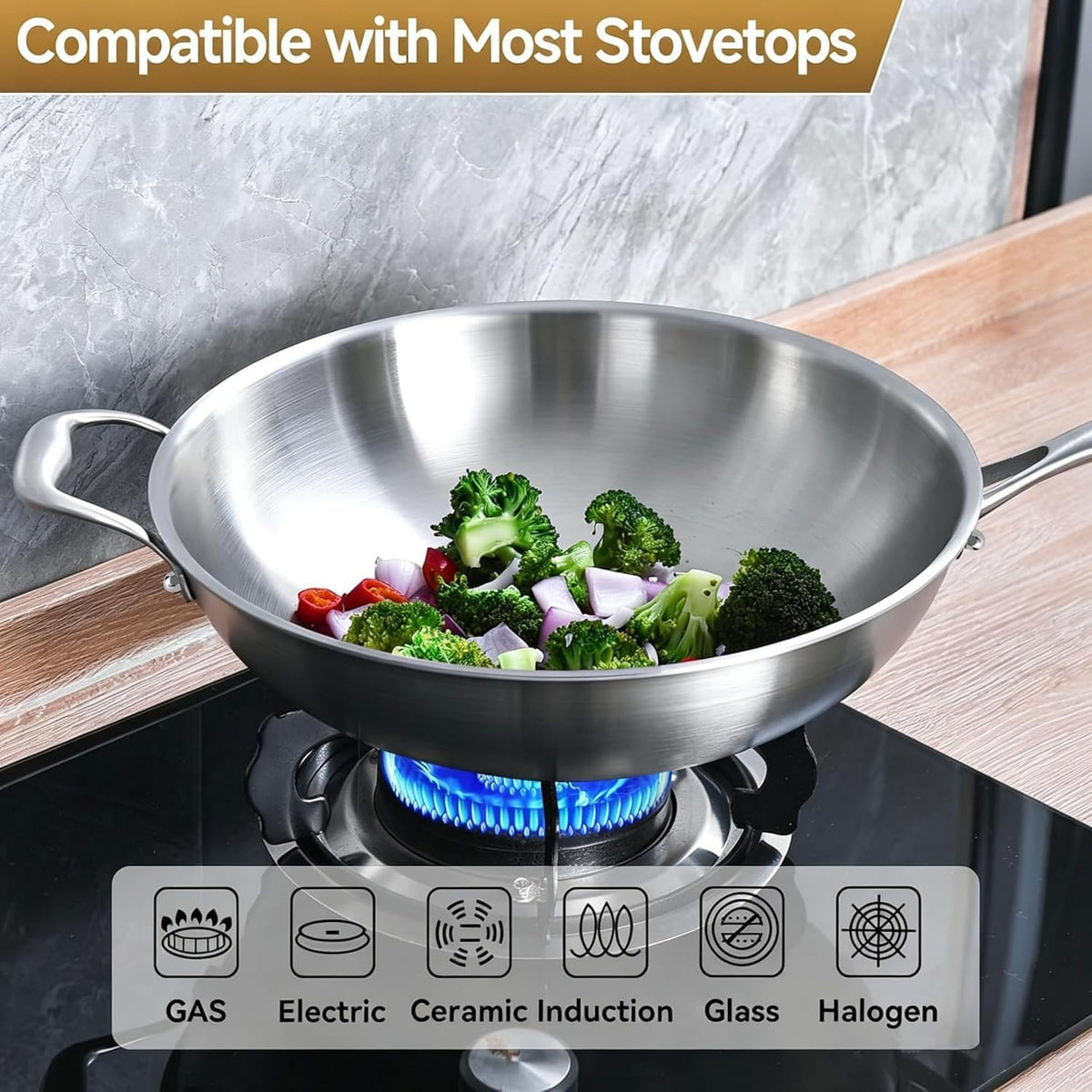 LOLYKITCH 13-Inch Stainless Steel Wok with Glass Lid | Detachable Handle