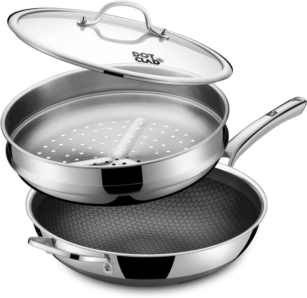 Wok Pan with Lid & Steamer, 13" Hybrid Stainless Steel Wok, Stir Fry Pan