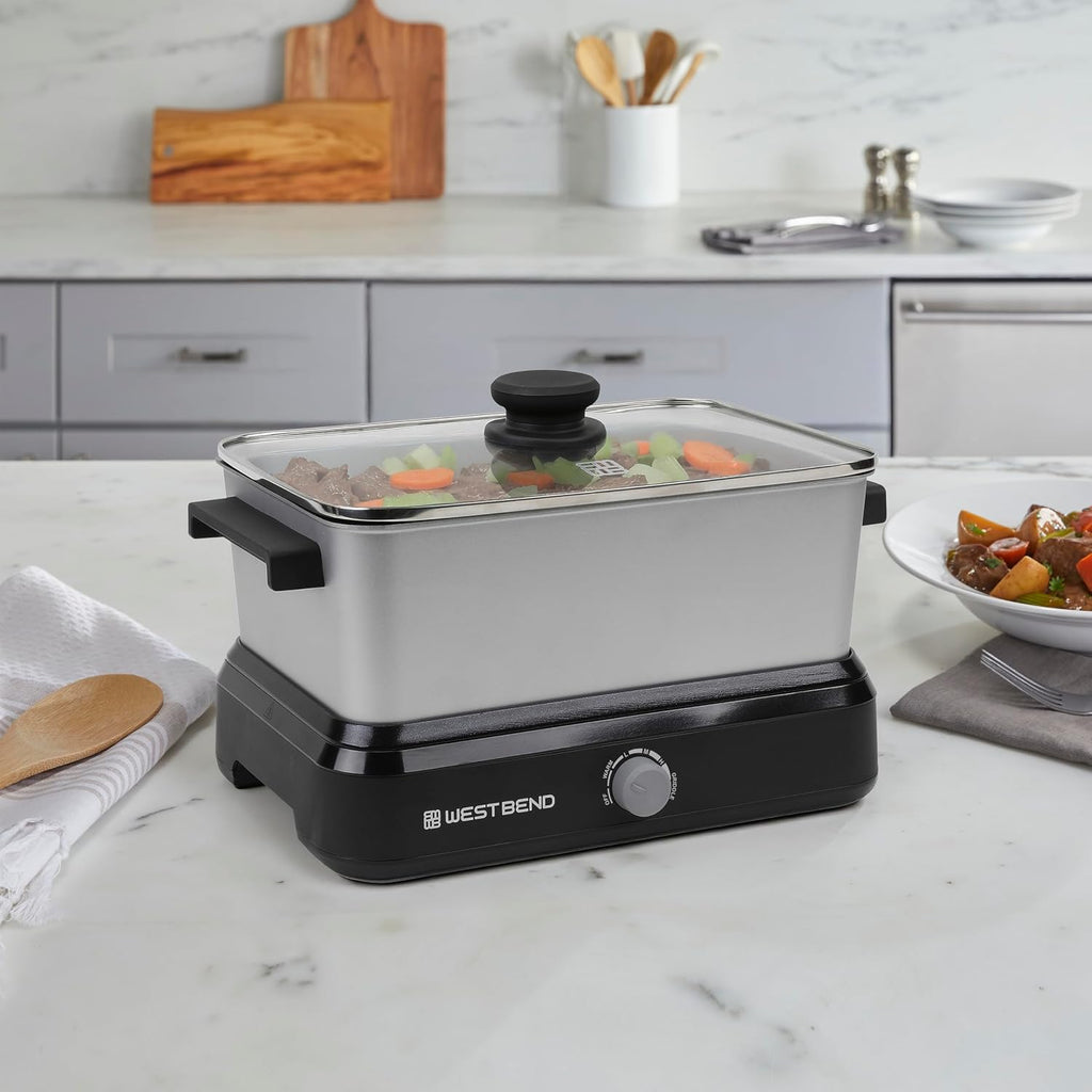 West Bend Versatility Slow Cooker Large Capacity Non-stick Cooking Vessel & Variable Temperature Heating Base Includes Travel Lid and Storage Bag, Range and Oven-Safe Cooking Pot, 5-Quart, Silver