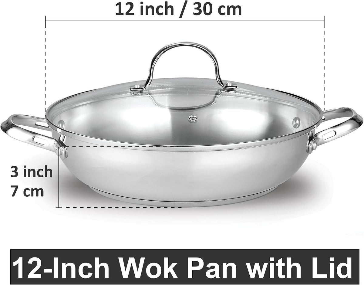Cooks Standard Wok Stir Fry Pan with Glass Lid, Classic Stainless Steel 12-Inch/30cm Everyday Chef's Pan, Silver