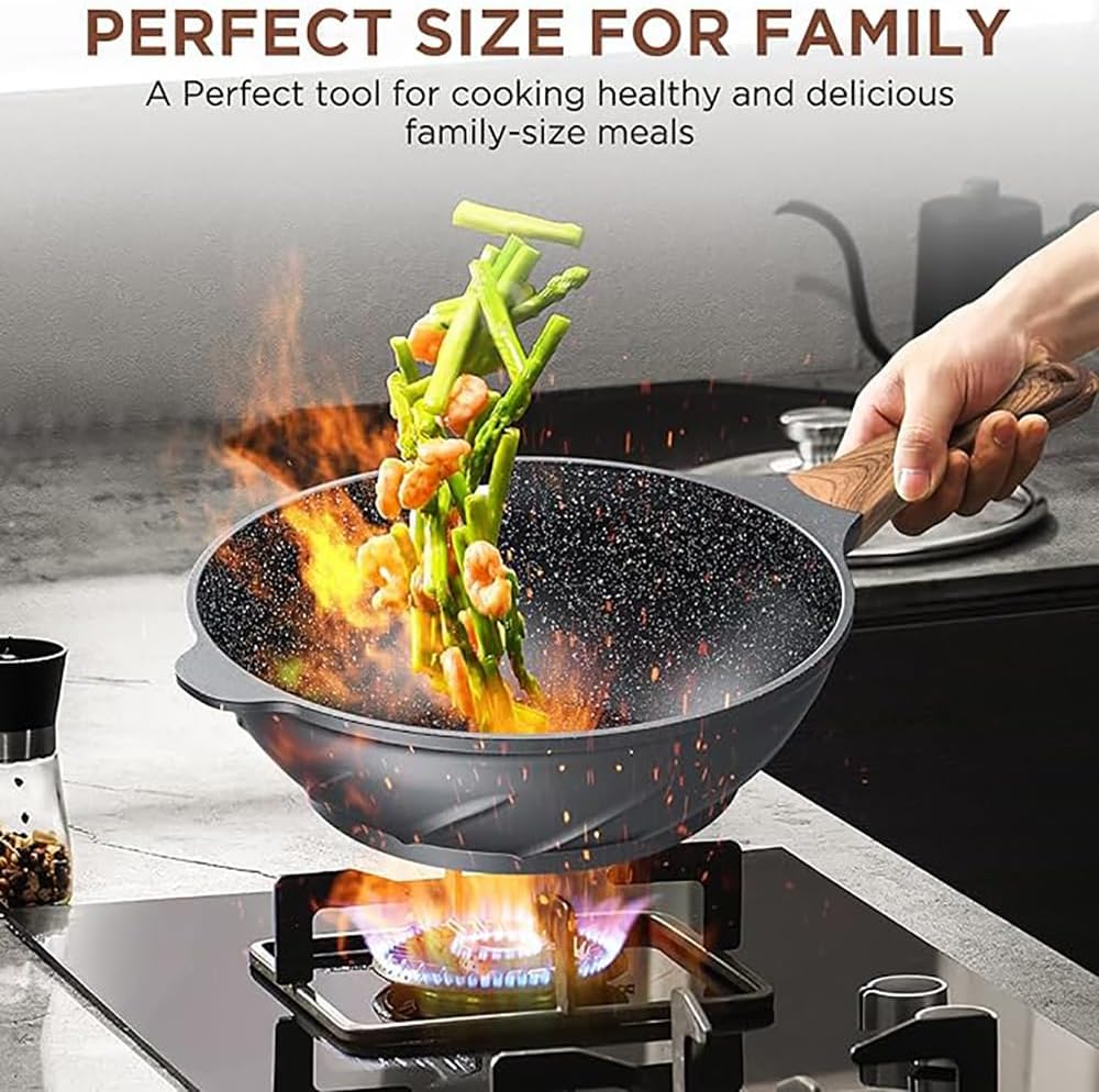 ITSMILLERS Nonstick Wok and Stir Fry Pan 12.5 inch with Spatula, Die-cast Aluminum Scratch Resistant Healthy Wok with Free-standing Lid