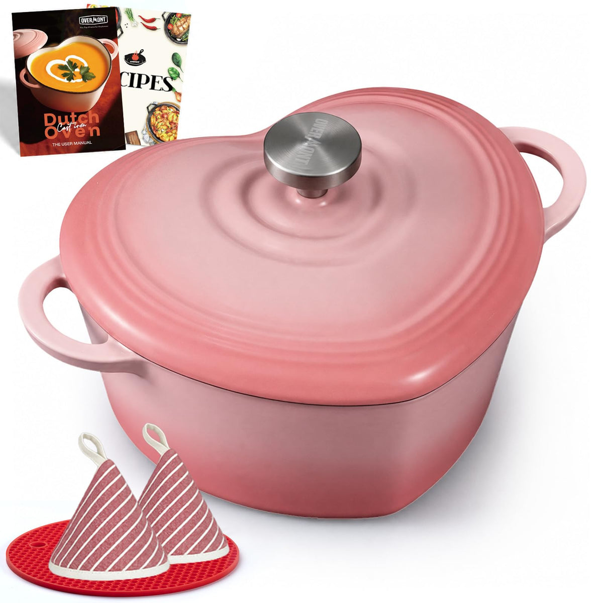 Overmont Enameled Cast Iron Dutch Oven - 2QT Heart-Shaped Mini Pot with Lid