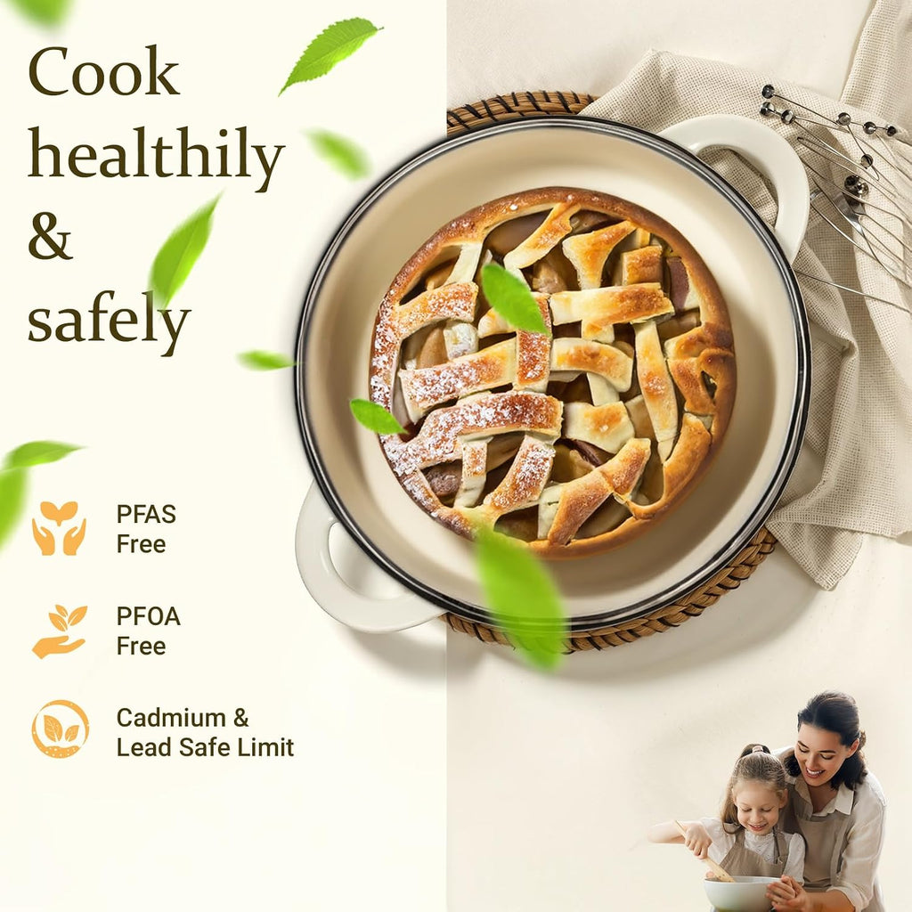 Overmont Enameled Cast Iron Dutch Oven - 7QT Pot with Lid Cookbook & Cotton Potholders - Heavy-Duty Cookware for Braising, Stews, Roasting, Sourdough Baking Cream White