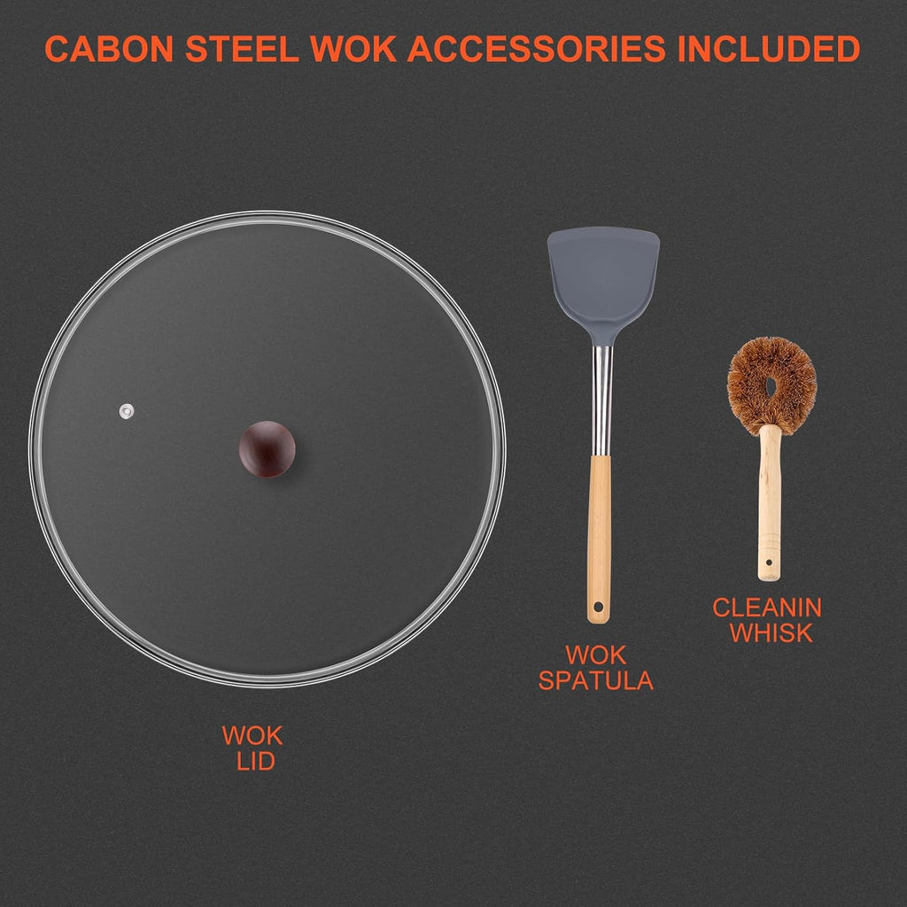 Wok, 13" Carbon Steel Woks & Stir-Fry Pans Nonstick with Glass Lid