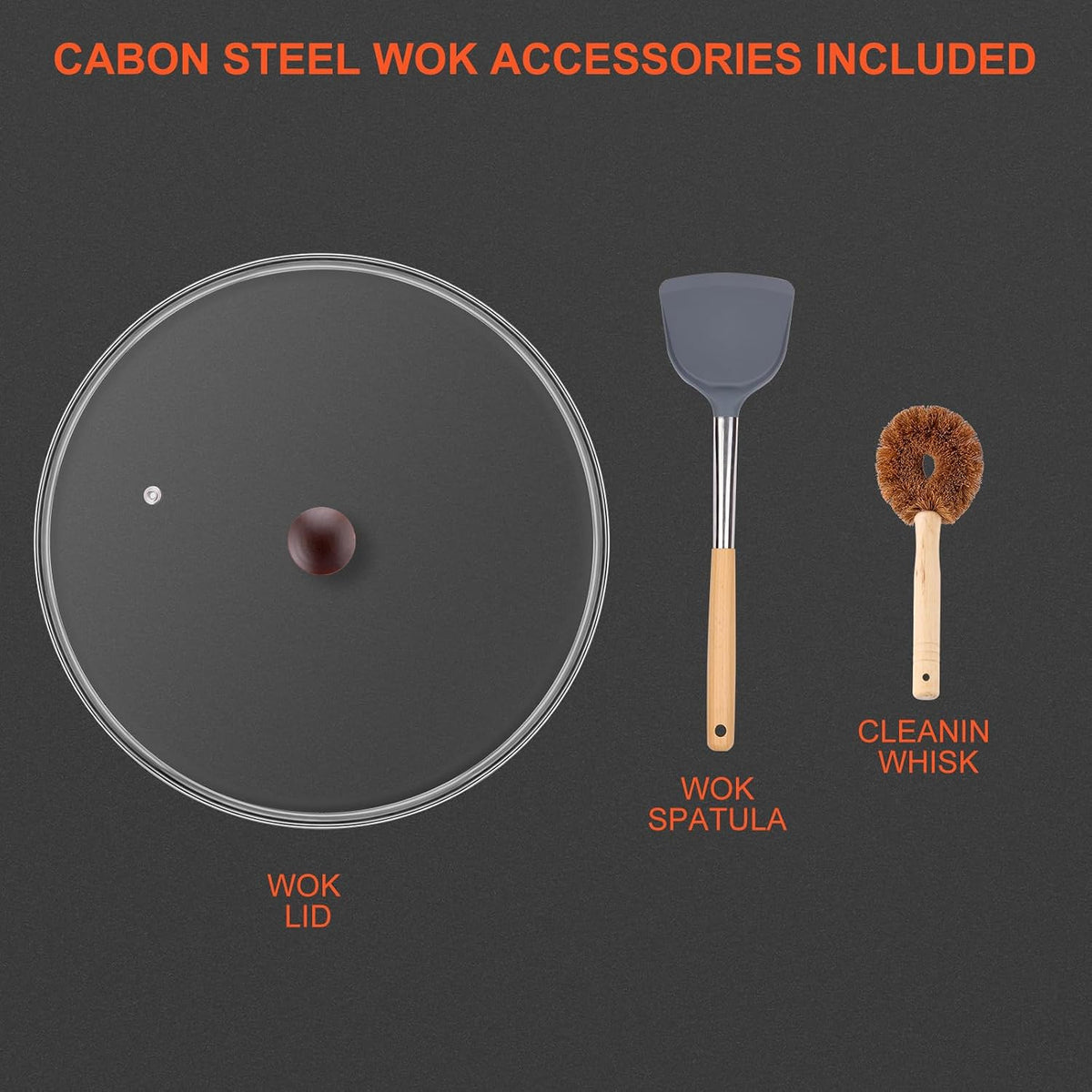 Wok, 13" Carbon Steel Woks & Stir-Fry Pans Nonstick with Glass Lid