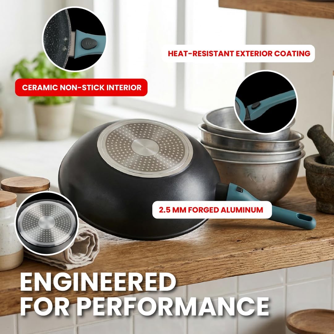 Ravon Nonstick Wok Pan with Glass Lid and Detachable Handle, 12.4in