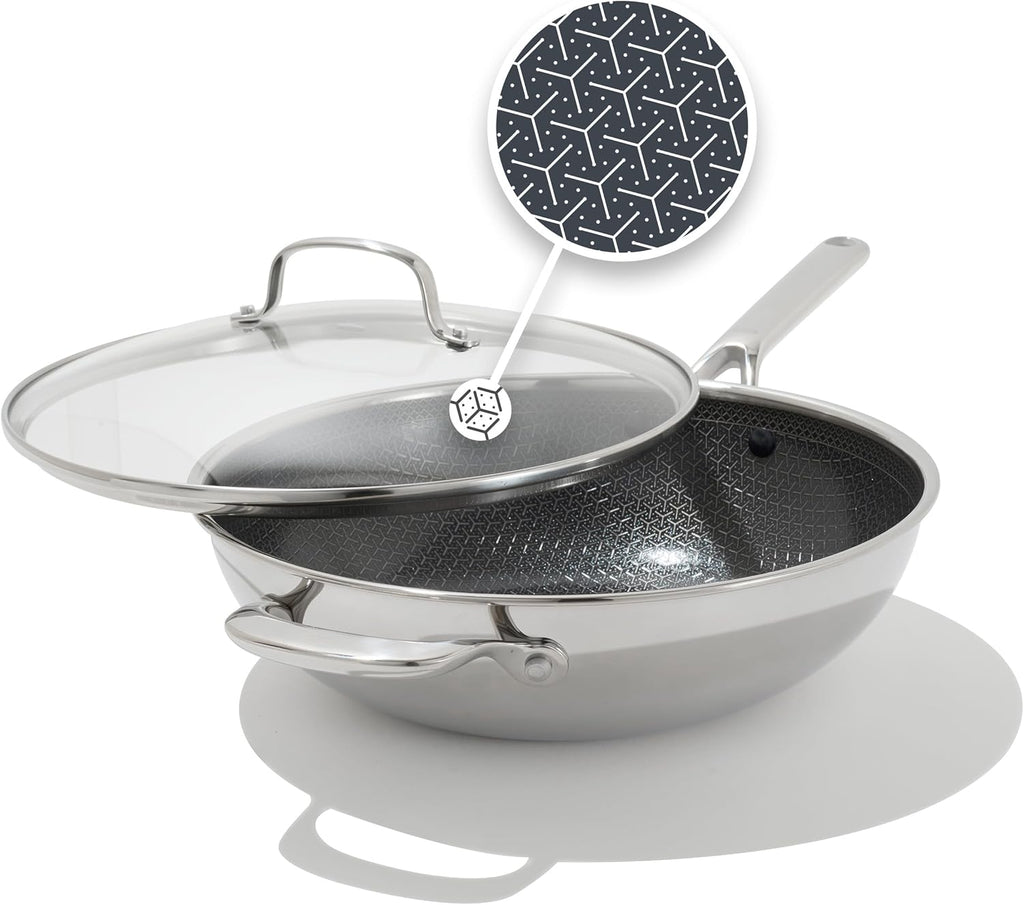 OXO Hybrid 12” Nonstick Wok with Glass Lid, PFAS-Free Ceramic Stir-Fry Pan, Induction & All Cooktop Compatible, Dishwasher Safe, Fusion Boost Tech for Powerful Searing, Mirror Polished Tri-Ply
