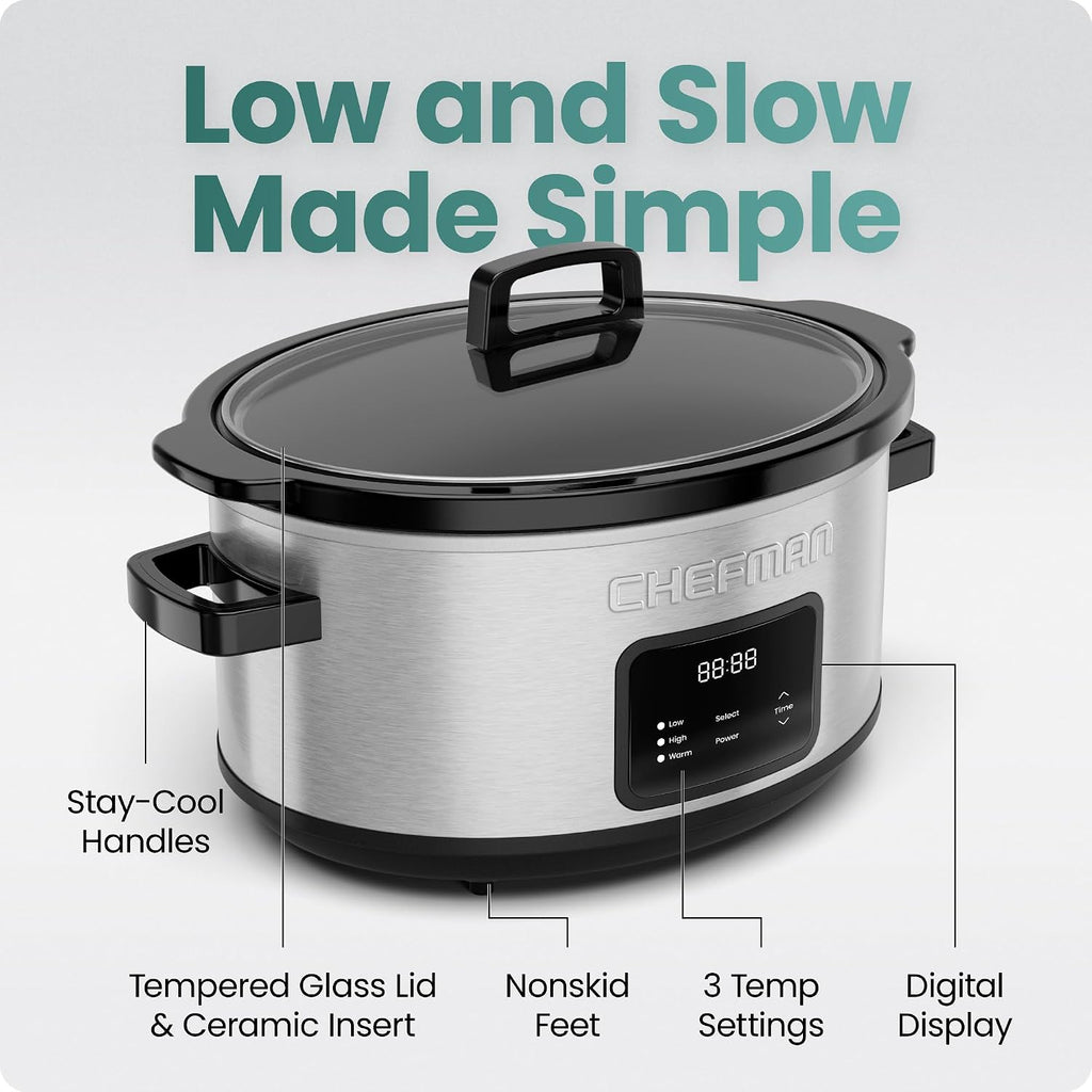 Chefman Slow Cooker 7 Quart, Large Family Size Programmable Digital Slow Cooker with 24-Hour Timer, Low, High & Warm Settings, Ceramic Crock, Tempered Glass Lid, Dishwasher-Safe, Stainless Steel